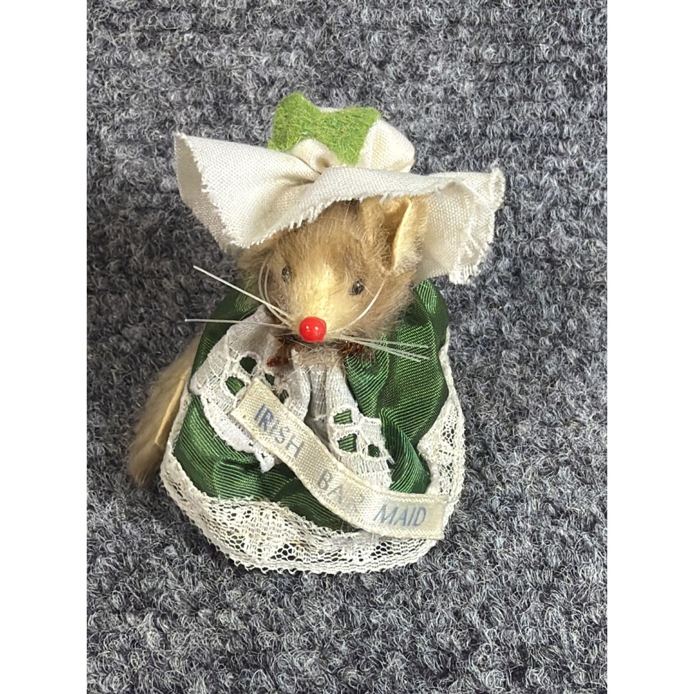 Vintage W Germany Fur Mouse Figurine Irish Bar Maid St Patricks Day Miniature 3"